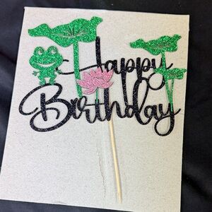 Glittery Happy Birthday Cake Topper perfect for a Princess Frog Lili pad green